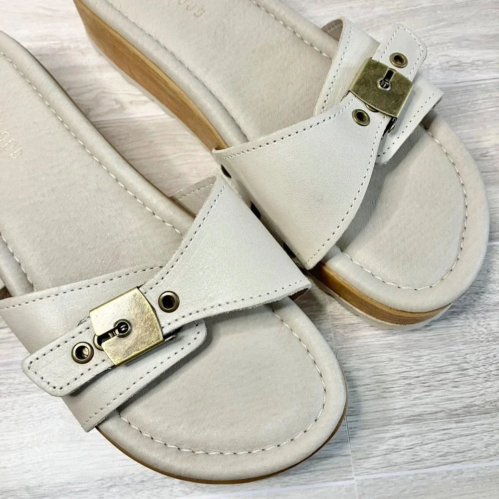 MUSSE & CLOUD Leather Sandal Slides Size 9 Platform Buckle Wedge Cream Spain